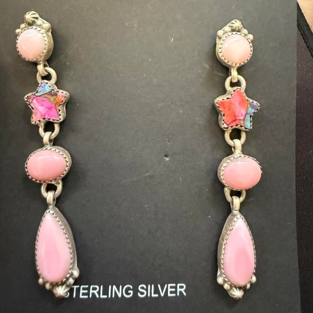 Beautiful handmade long sterling silver pink conch earrings